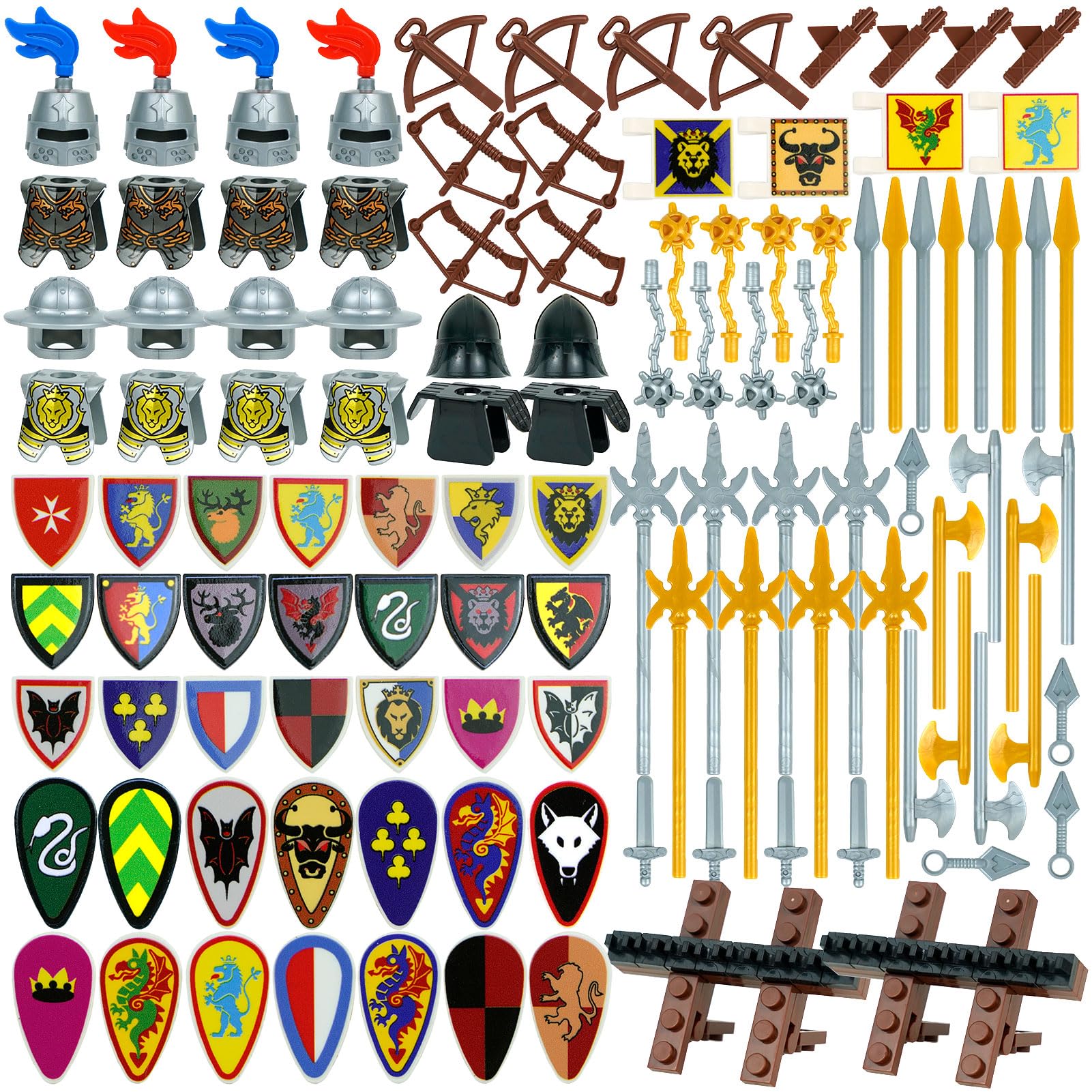 

Medieval Knight Weapon Armor Parts Helmet Sword Shield Bow and Arrow Building Blocks Accessory Kit for Soldier Figures Castle Equipment Set