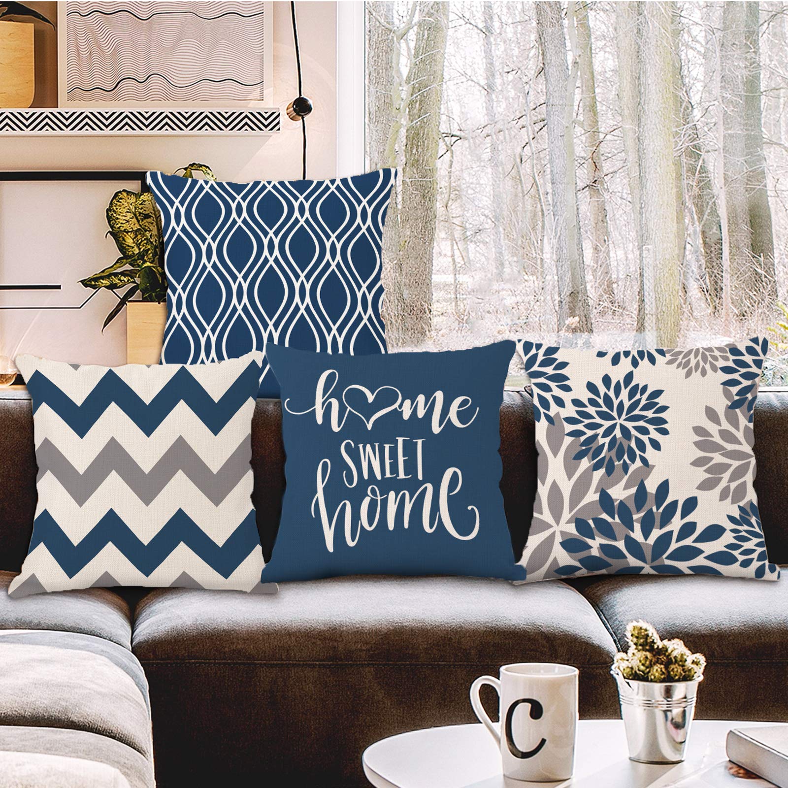 Tonnika Chen Unisex Blue/White And Geometric Linen Pillowcase Sofa Cushion Cover Home Decoration Can Be For You 40X40 45X45 50X50