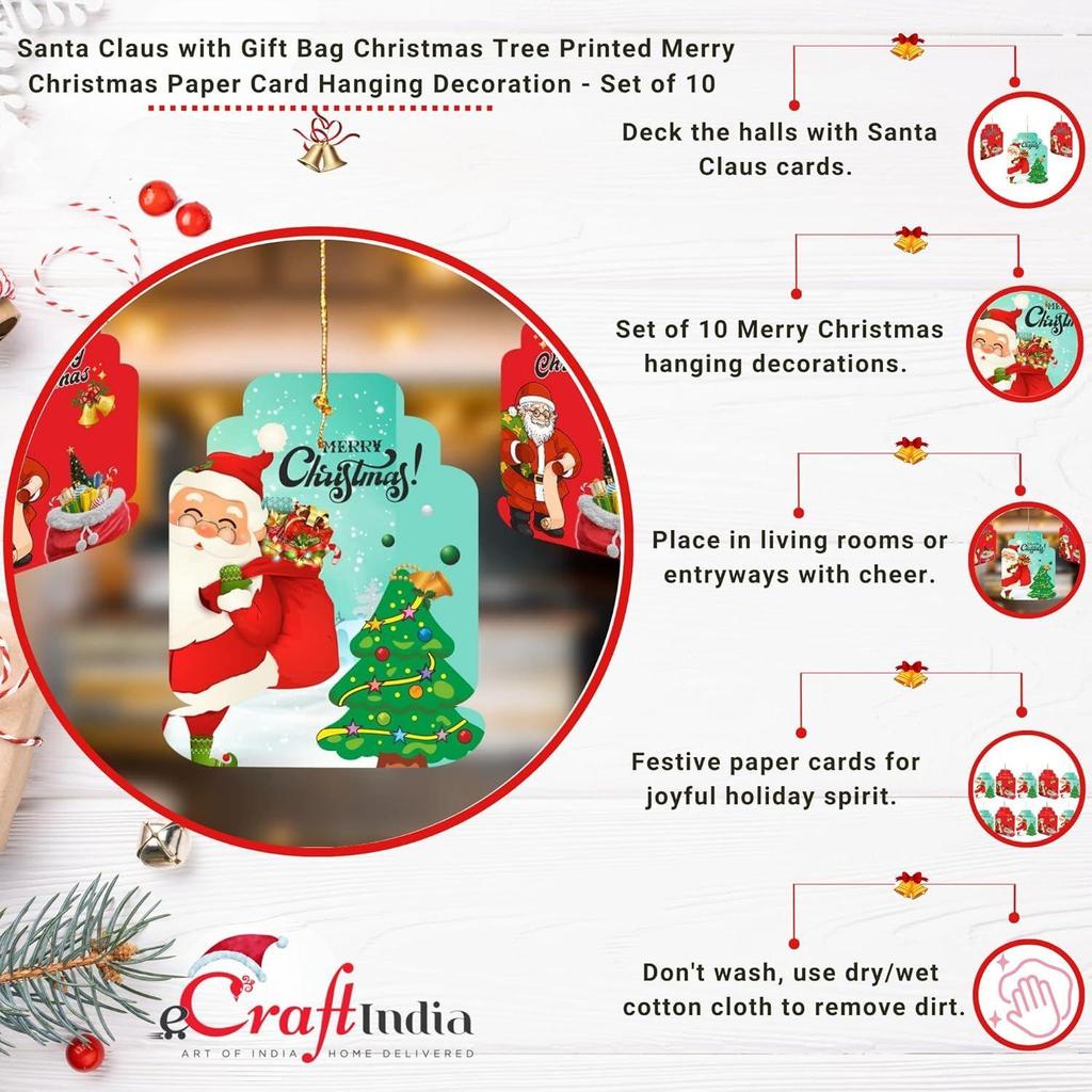 Merry Christmas Tree Decoration Items | Santa Claus Gift Bag Christmas Tree Decorative Paper Card Door Wall Hanging (Set of 10)