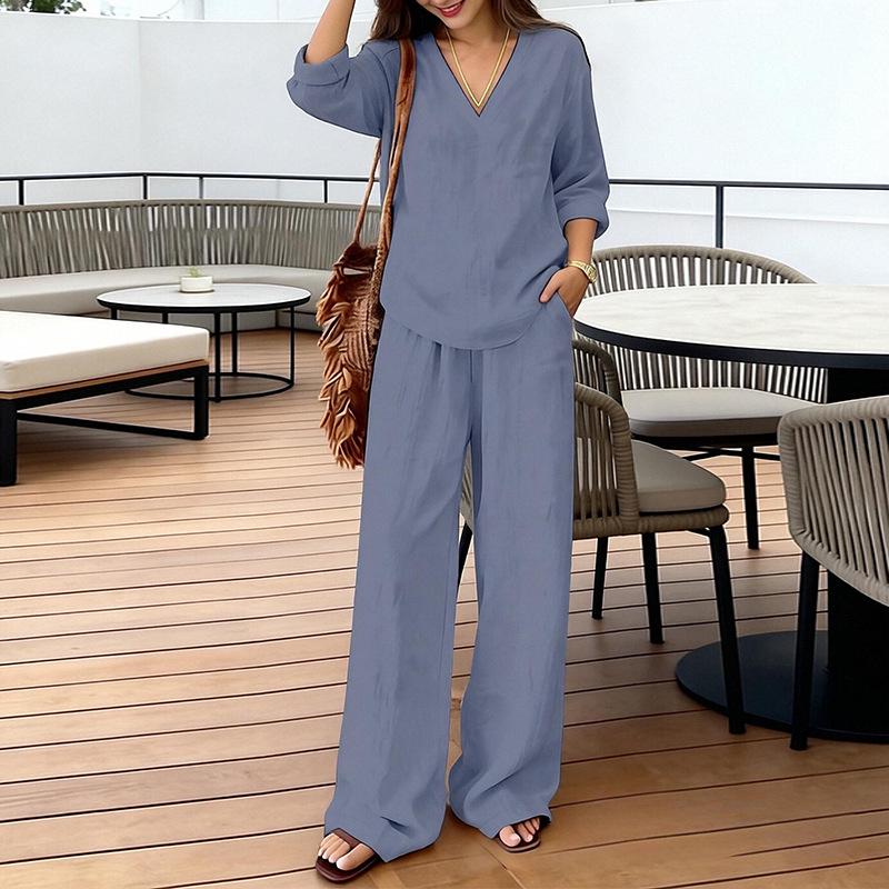 2026 Spring Women's Fashion: Solid Color V-neck Long Sleeve Top & Long Pants Set