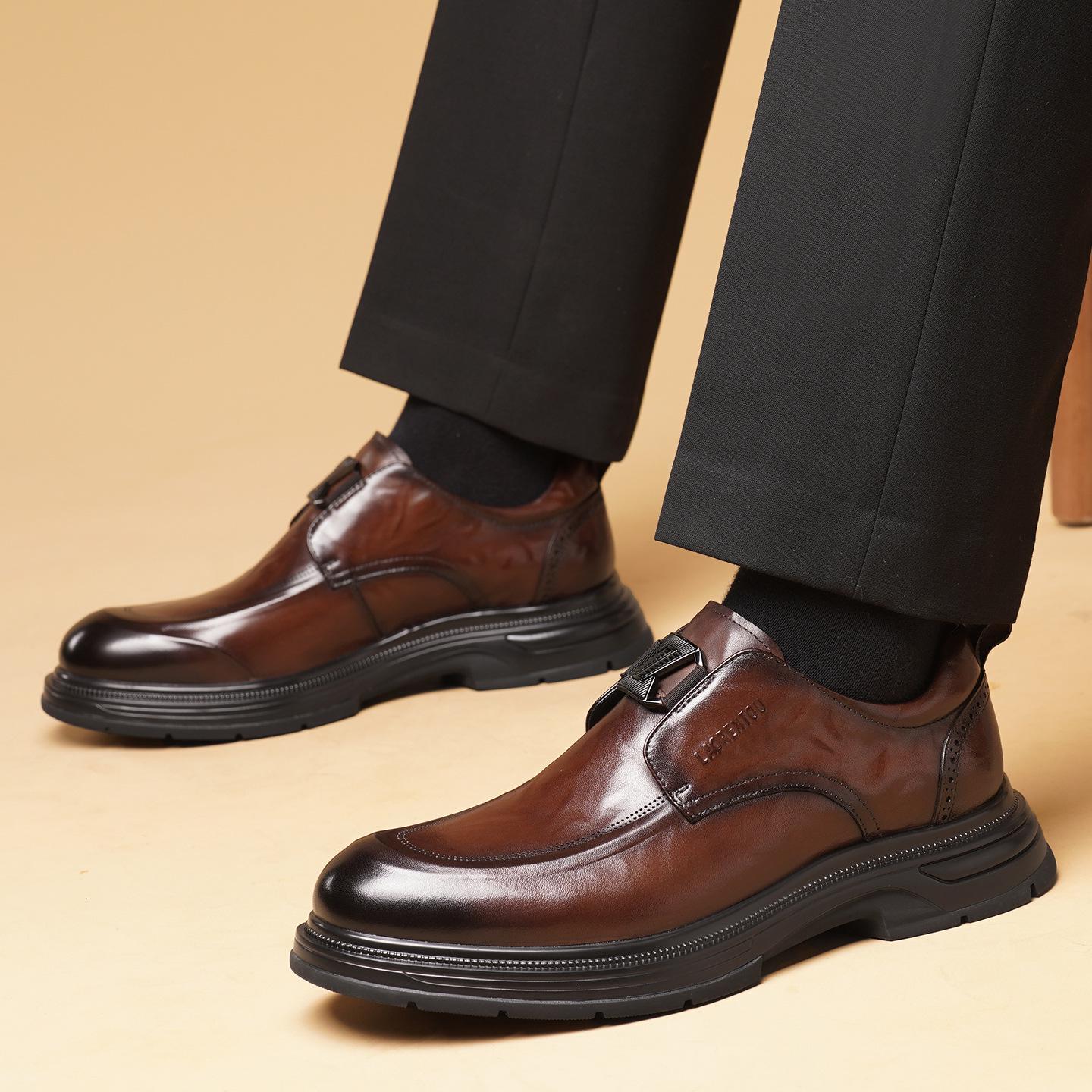 

Мужские формальные кожаные туфли на зиму 2025 года - Верхний слой коровьей кожи, Дышащие, Круглый носок, Высокий верх для бизнеса, свадьбы и банкета. 37 коричневый