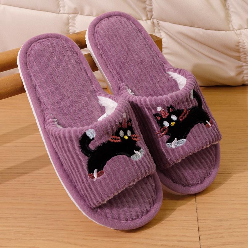 Cute Black Cat Home Cotton Slippers, Household Slippers