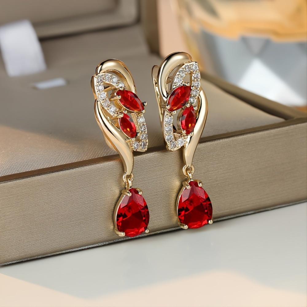 Romantic Flower Dangle Earrings | Golden-Tone Floral Design with Red - Elegant Party & Everyday Jewelry Gifts for Women