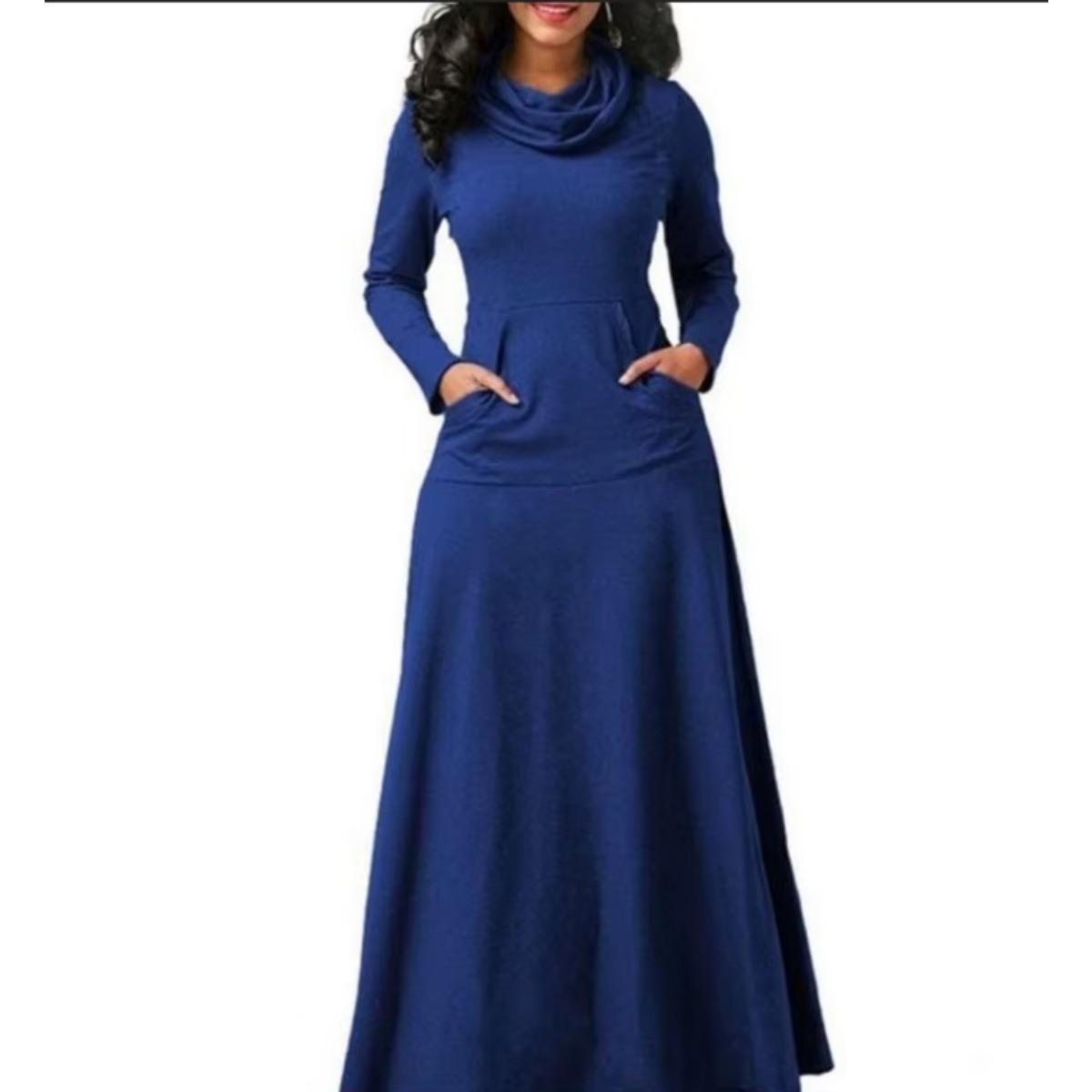 

LYRIA Плюс Розмір 5XL Елегантна Довга Максі Сукня Весна Зима Тепла Високий Комір Жіноча Сукня з Довгим Рукавом Жіночий Одяг З Кишенею 5XL