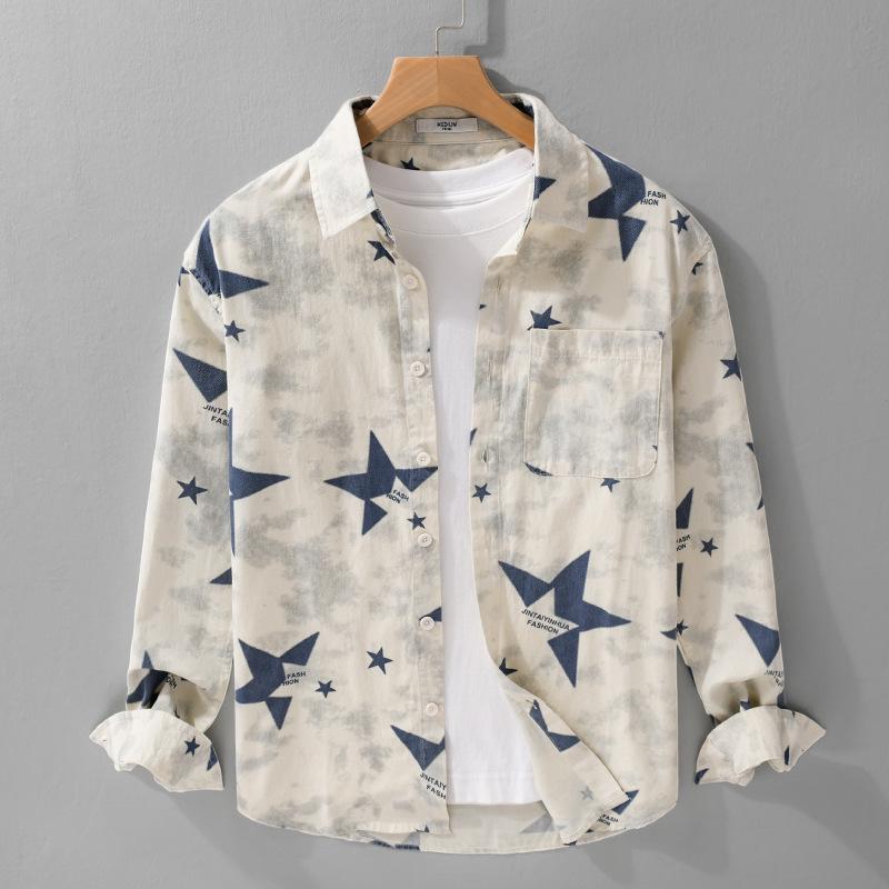 Mens Star Print Long Sleeve Shirt Casual Button Down Shirt with Pocket for Daily Wear