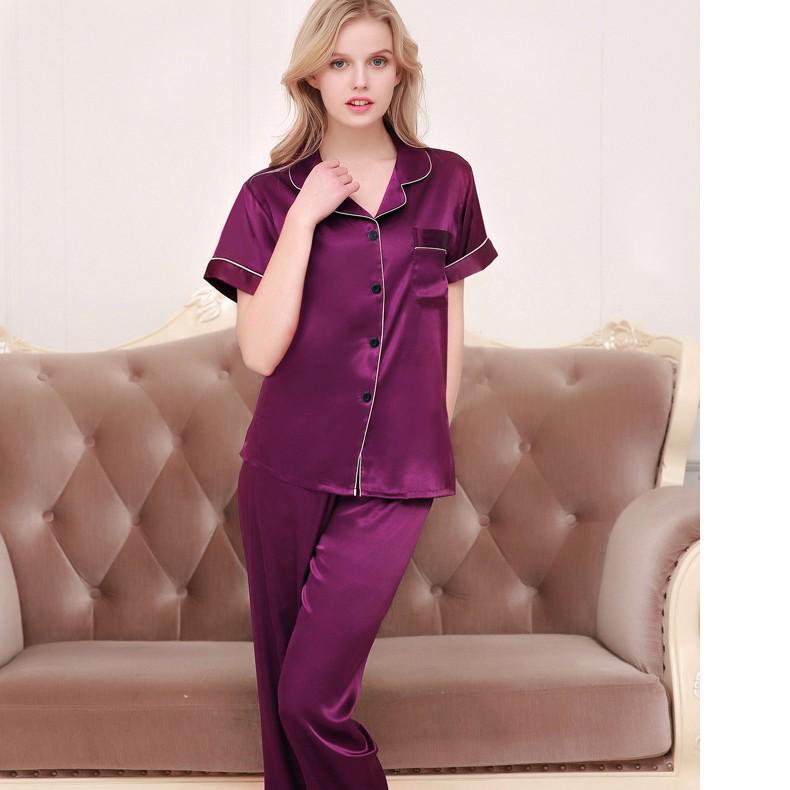 Girls' Imitation Silk Pajama Set - Short Sleeve Top & Long Pants, Lapel Design, Spring/Summer Homewear