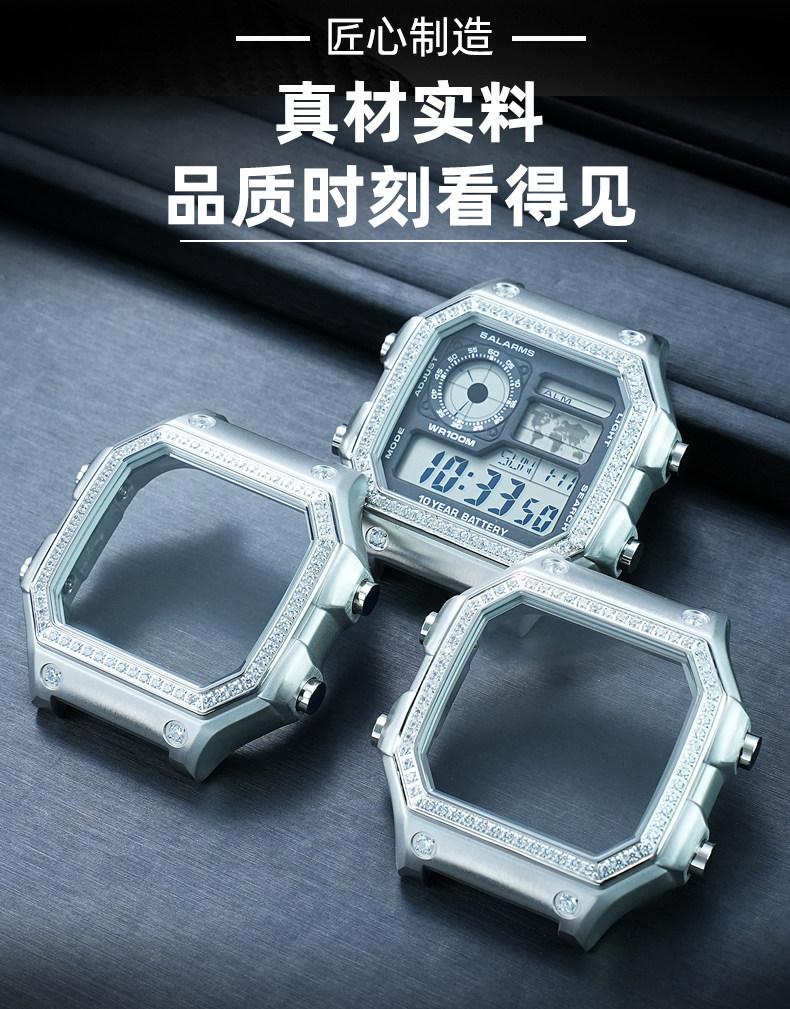 DIY diamond studded case for Casio 3299 small square AE-1200 1300 modified stainless steel case with diamond studded shell