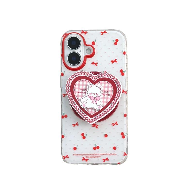 Cherry Heart Bear Magnetic Stand Phone Case for iPhone 17/16 Pro Max/15/14