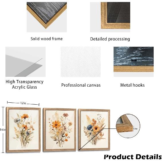 Framed Vintage Wildflower Canvas Wall Art Floral Set of 3 Country Farmhouse Watercolor Flowers Prints Rustic Wood Frame Botanical Artwork Poster for