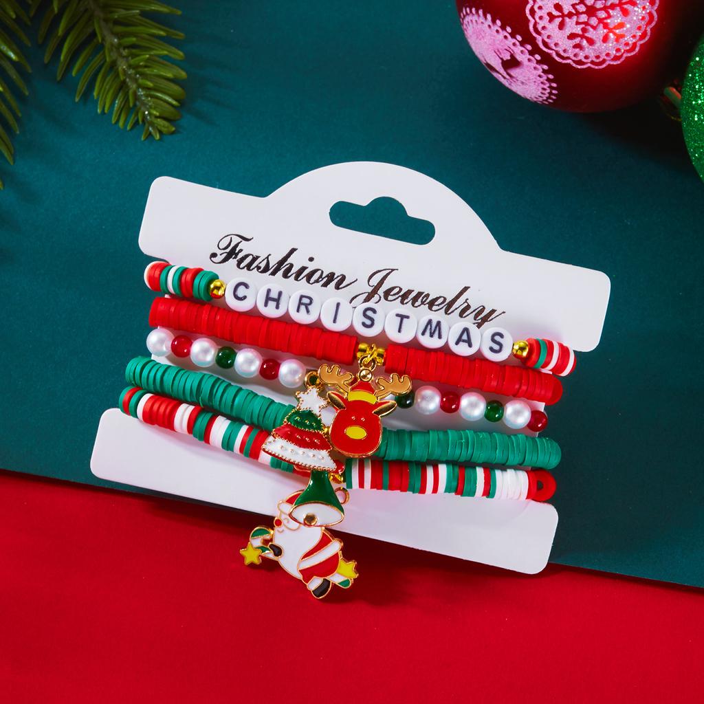 4Pcs/Set Christmas Tree Santa Claus Bracelet For Women Xmas Deer Snowflake Pearl Polymer Clay Beads Bracelets New Year Jewelry
