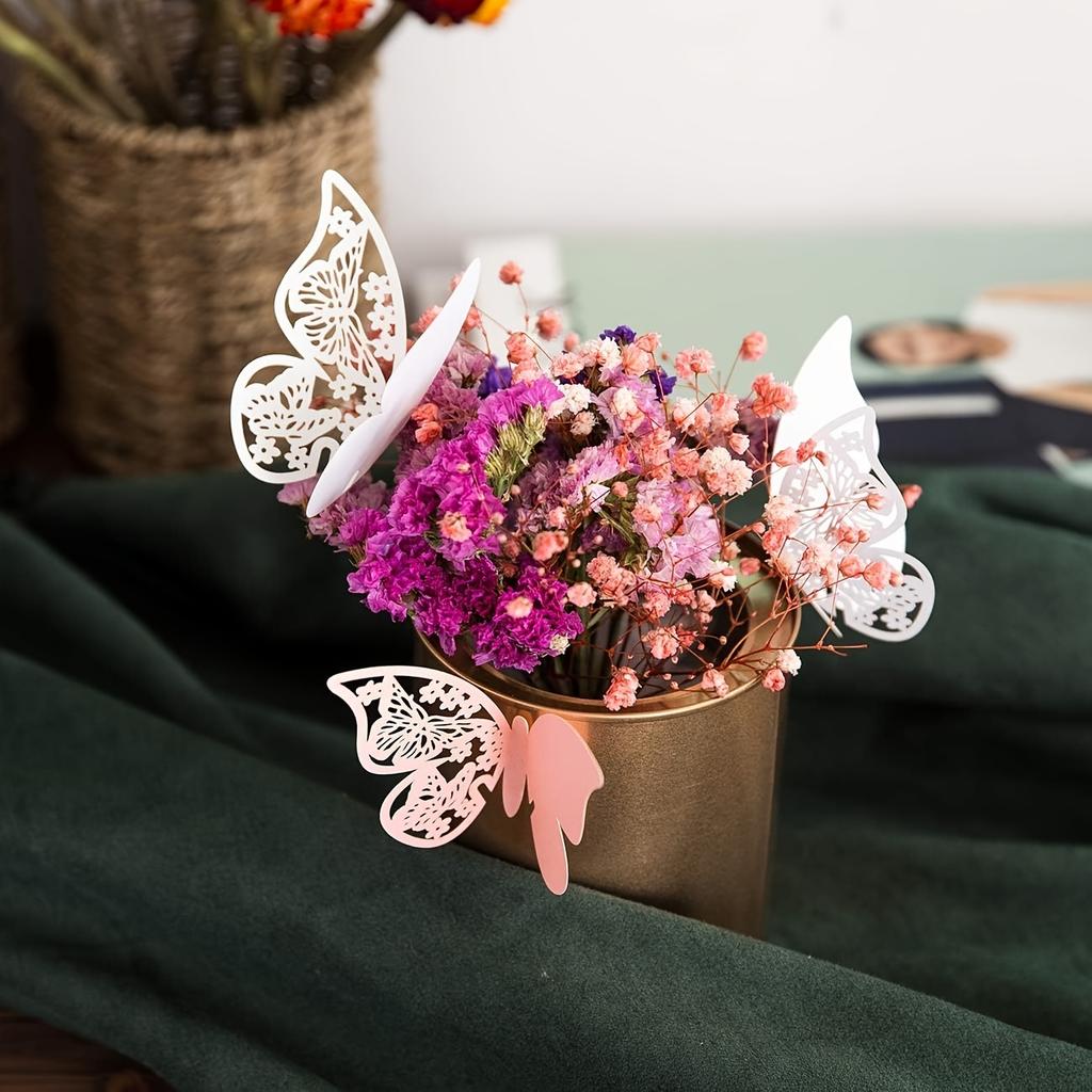 1Set 25Pcs 3D Butterfly Wine Glass & Wall Decor Stickers - Laser - Cut Skeleton Paper Cup Cards for Weddings, Pink & White