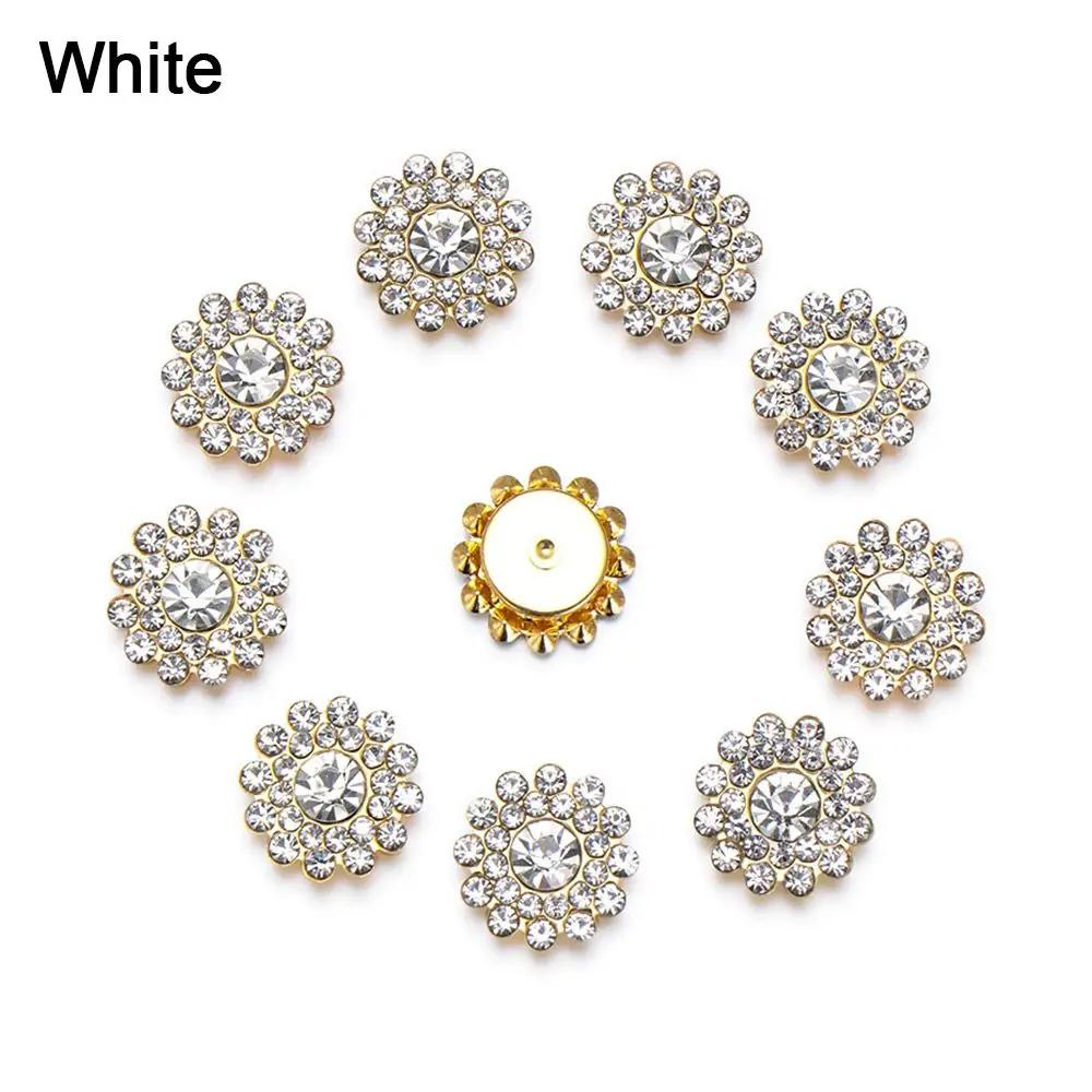 10PCS 14mm Flower-shaped Rhinestone Buttons Sparkling Crystal Glass Stone Steel Bottom Clothes Decoration Sewing Accessories