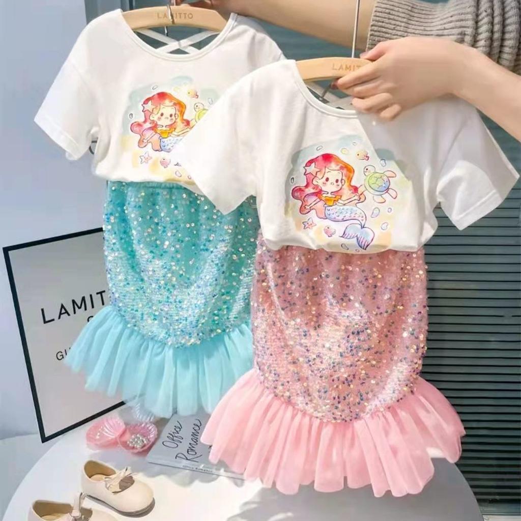 Girls' Fashion T-Shirt and Mermaid Skirt Set Summer Princess Mermaid Skirt Set for Kids