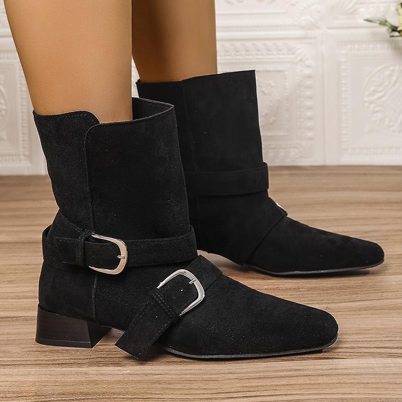 Fashion Buckle Belt Decor Thick Heels Ankle Boots Women Autumn Winter Pointed Toe Riding Boots Woman Slip On Faux Suede Booties