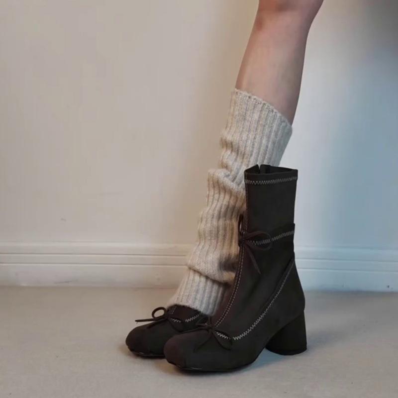 

Soft leather version~ French gentle ballet style thick heel thin boots bow side zipper thin versatile women s elastic boots 40 коричневый