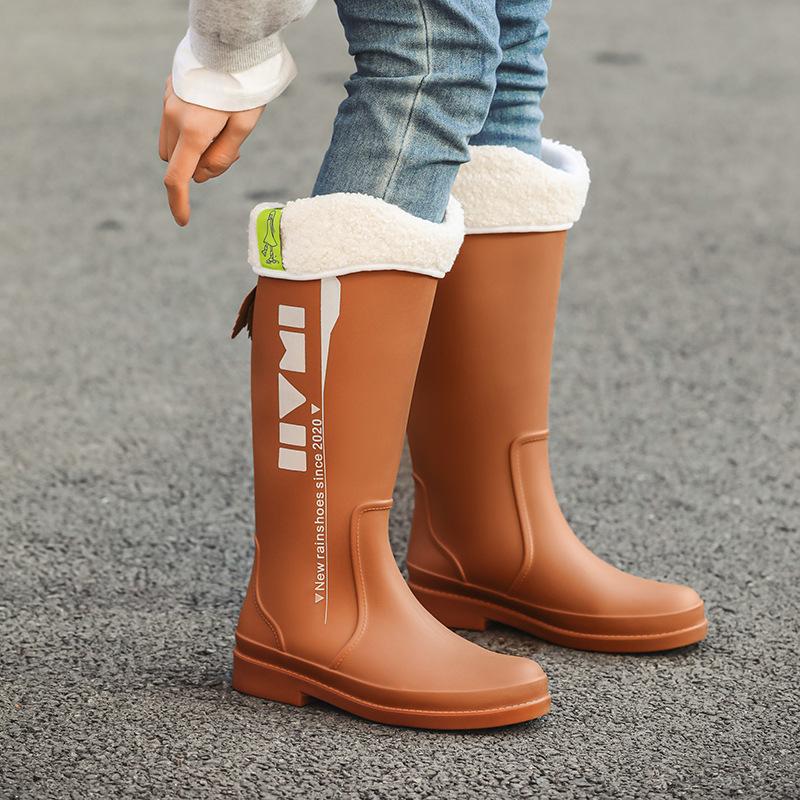 New high tube rain shoes women's water shoes fashion rain boots outdoor rubber shoes fleece thickened non-slip water boots