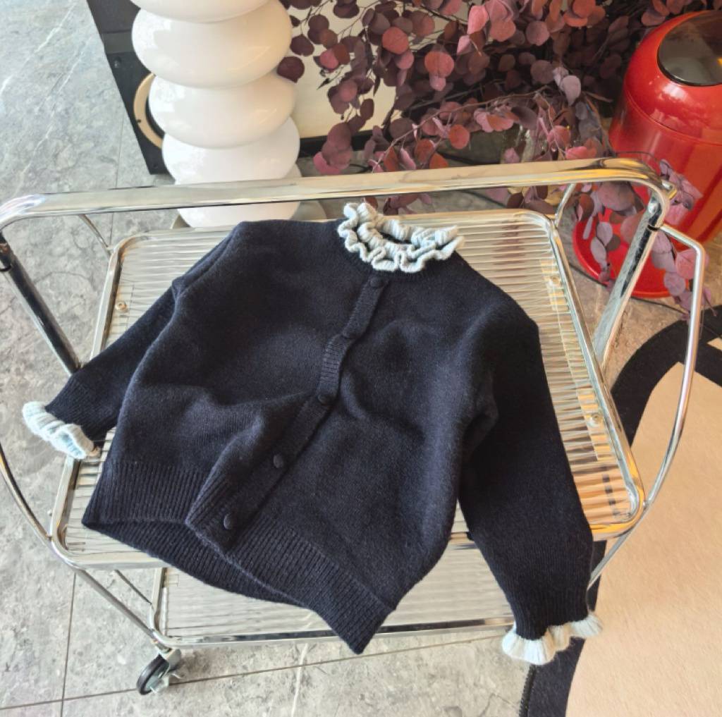 Girls Thickened Fleece Knit Sweater Autumn Winter Korean Lace Trim Simple Warm Top 90