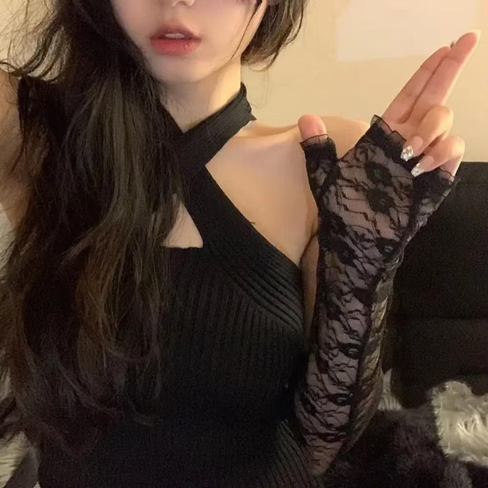 Netzstoff Fischernetz Schleife Lange Handschuhe für Damen Spitze Rüschen Fingerlose Handschuhe Fäustlinge JK Lolita Kawaii Weiße Handschuhe UV-Schutz Y2k