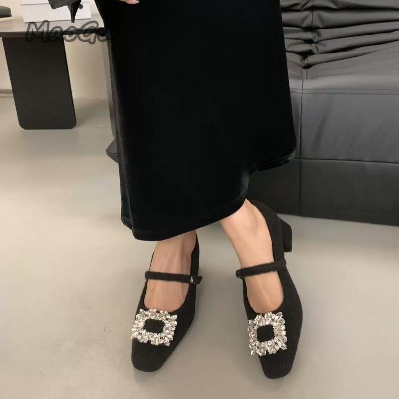 Gray Fuzzy Mary Jane Shoes Square Toe Rhinestone Mid Heel Pumps Plush Warm Chunky Heeled Shoes Elegant Zapatos De Mujer