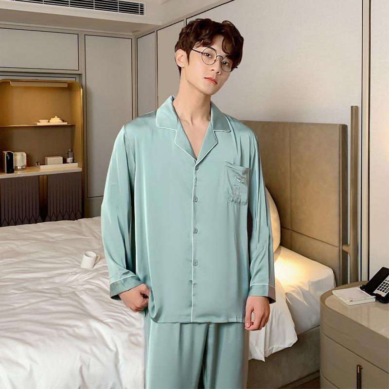Couple pajamas, women's spring and autumn ice silk long-sleeve loose plus-size loungewear, autumn solid color set, men's 10111+N111