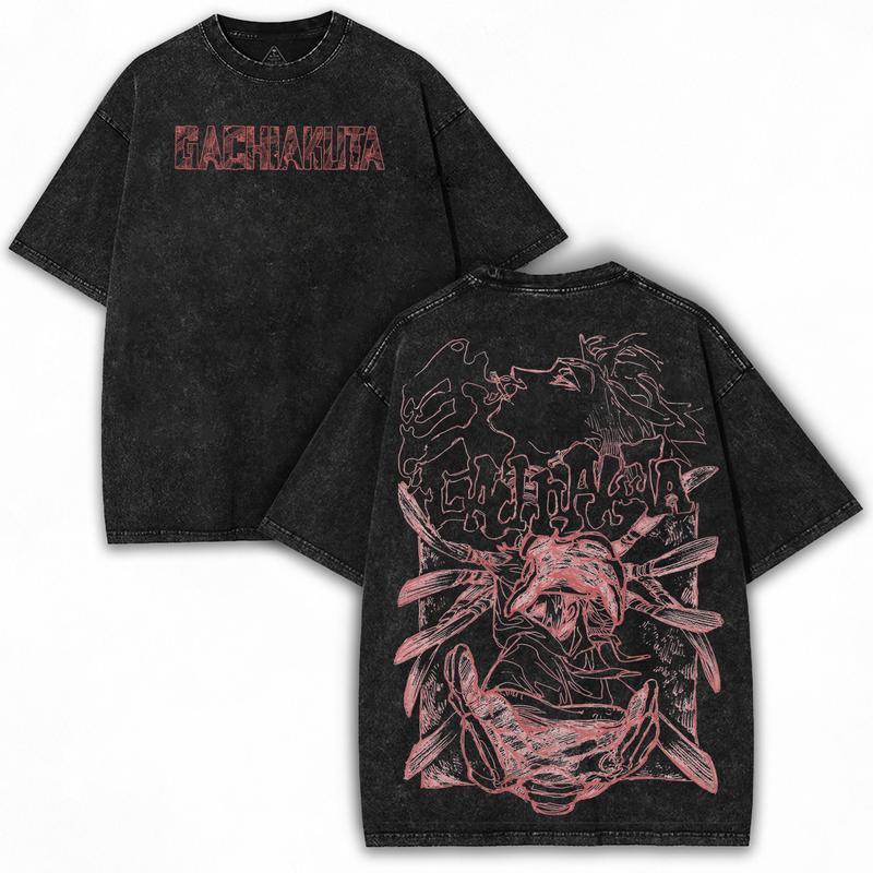 Rudo Enjin Print T-Shirt Anime Gachiakuta Kleidung Herren Damen Baumwoll-T-Shirts Retro Gewaschenes T-Shirt Harajuku Männlich Lässige Lockere Oberteile