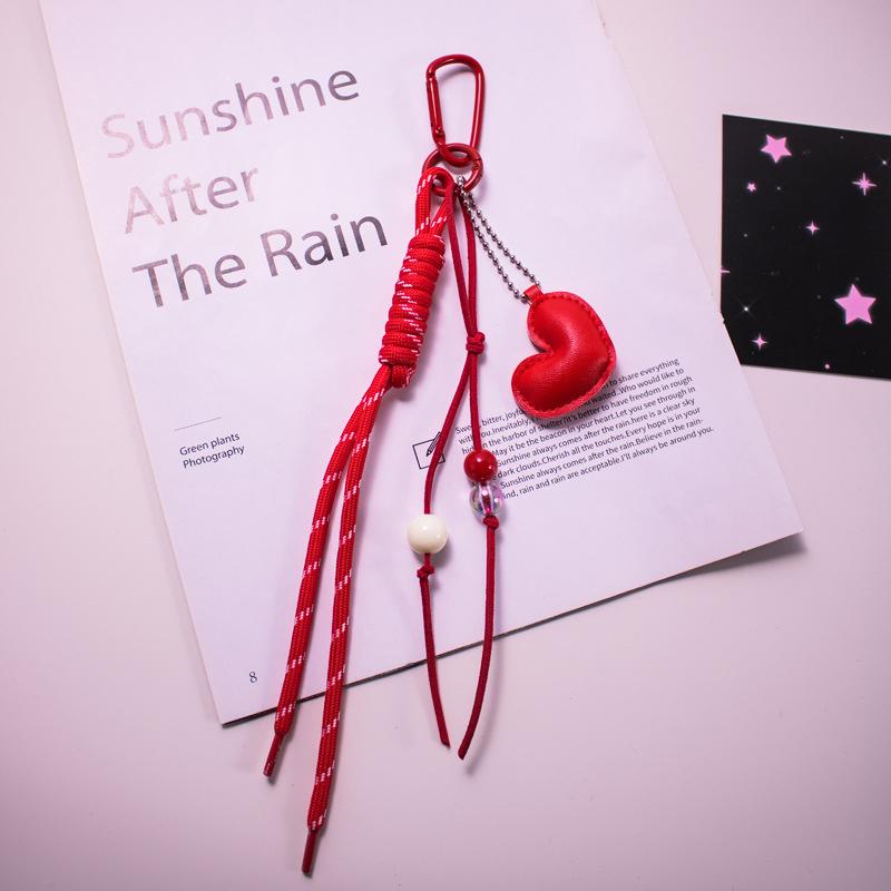Colorful Hand Braided Rope Roman Knot Keychain Pendant Sweet Leather Heart Charm Bag  Hanging Ornaments Car Keyring Gifts