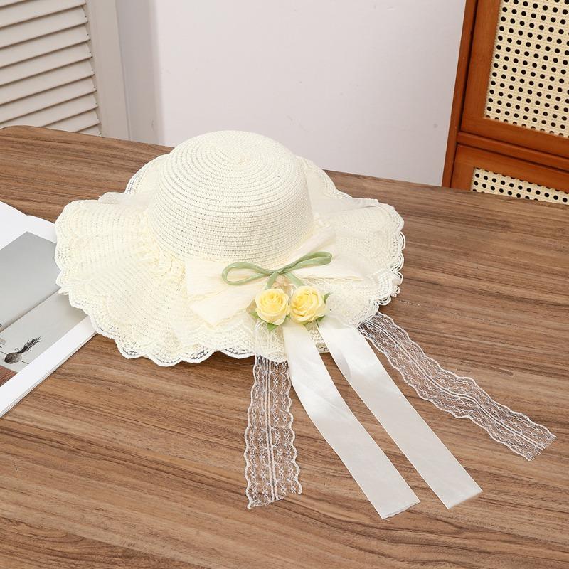 Summer Bow Sun Hat Female, Seaside Beach Vacation Sun Hat Outdoor Big Brim Sun Hat Sweet Straw Hat