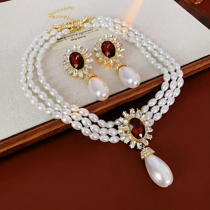 Flower Rhinestone Drop Simulation Pearl Necklace Earring Set French Style Chain Jewelry Sets for Women