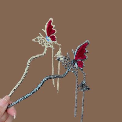 Vintage Red Half Butterfly Tassel Hair Stick For Women Chinese Style Metal Hairpin Disk Hairsticks Chopsticks Hair Accessories