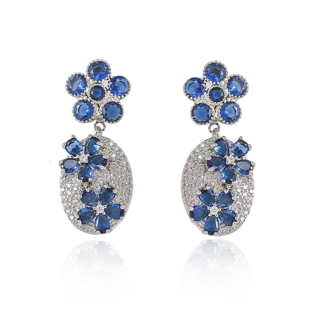 European & American Style Women's Zircon Necklace & Flower Pendant Clavicle Chain Earring Set
