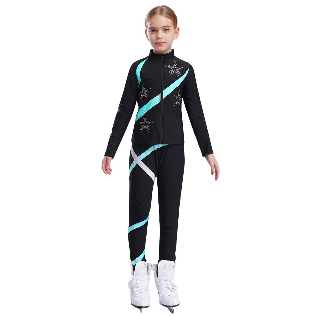 Girls Sports Set Shiny Rhinestone Star Contrast Color Long Sleeve Stand Collar Zipper Sweatshirt Colorblock Leggings