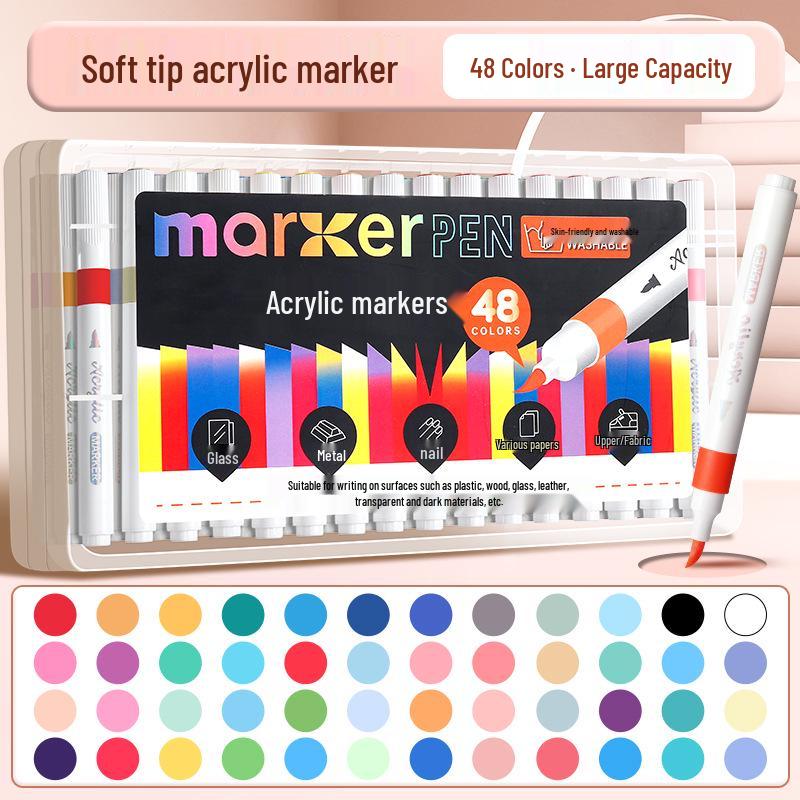 48-Color Washable Acrylic Marker Set with Soft Tips - Non-Bleeding, Stackable for Elementary Art Use