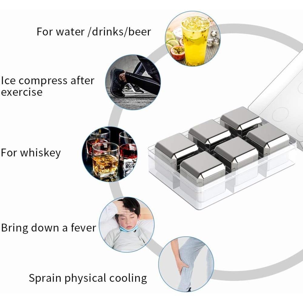 Barware Whiskey Ice Cubes Cold Stones 4/6/8 Pieces Stainless Steel Ice Stones Reusable with Ice Tongs and Freezer Storage Box