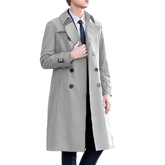 Men Windbreaker Lapel Long Sleeve Double Breasted Mid-Length Coat Solid Color Casual Business Outerwear