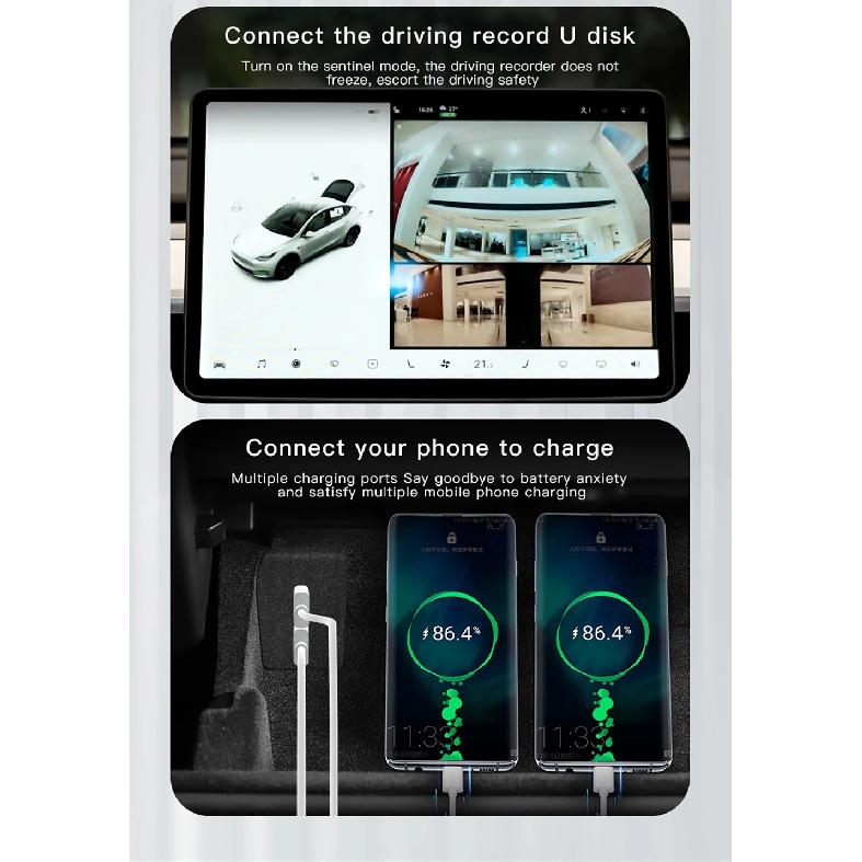 For Tesla Model 3 Highland Model Y Juniper 2021-2025 Glove Box Flocking USB HUB Adapter Quick Charger Car Accessories