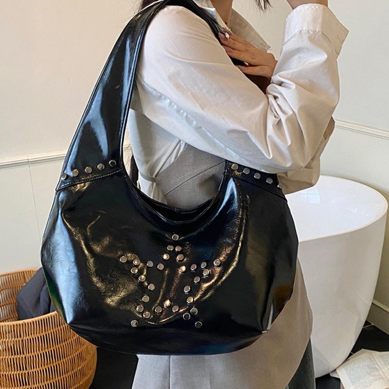 Retro Star Rivet Tote Bag Solid Pu Leather Shoulder Bag Large Capacity Female Casual Shopping Underarm Pack Lady Handbag
