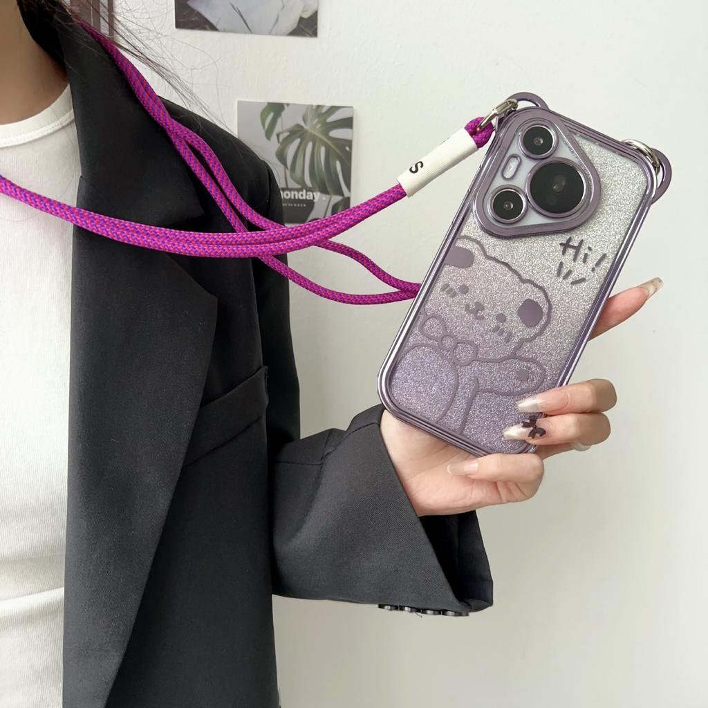 Cute Cartoon Bear Oblique Span Lanyard Suitable for Huawei Pura70pro Electroplated Mobile Phone Case Mate60 Three-dimensional Women
