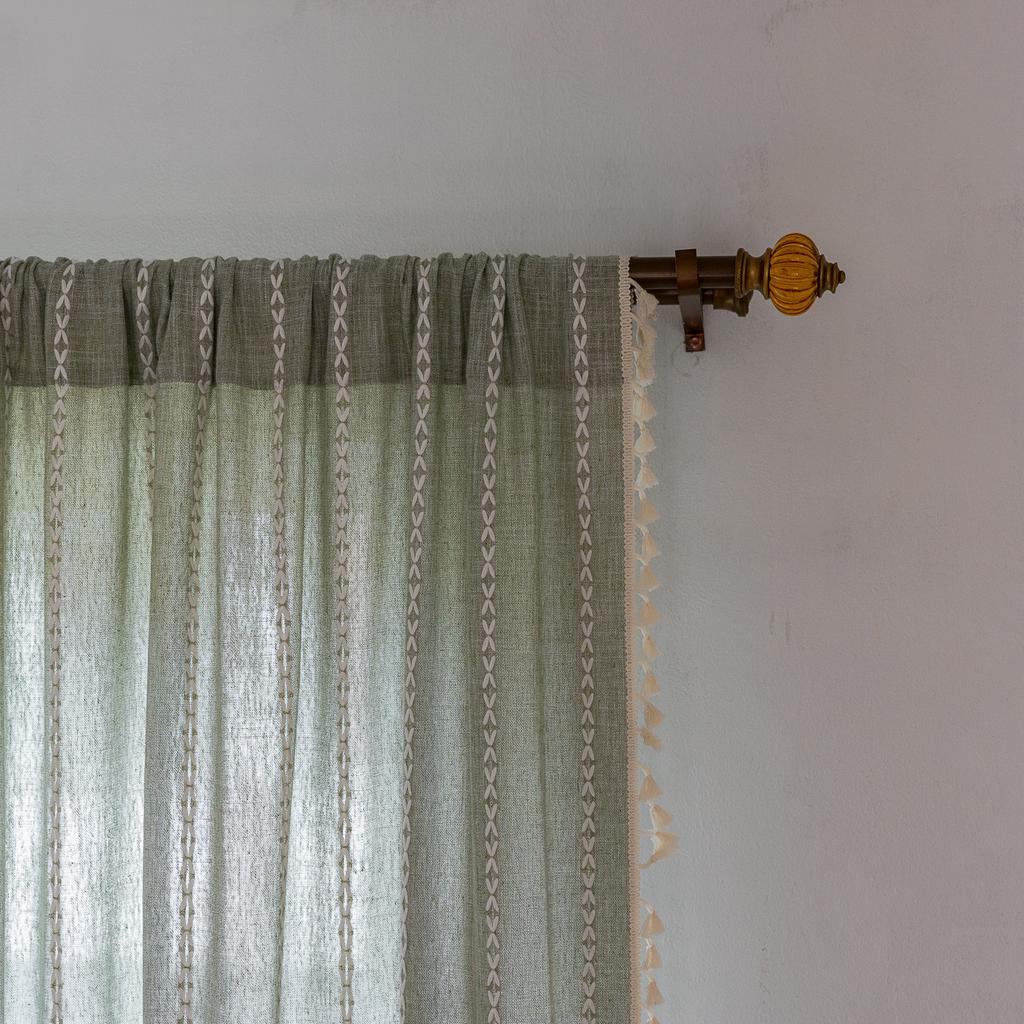 Grass Green Bohemian Bedroom Living Room French Country Linen Striped Fringed Curtains Finished