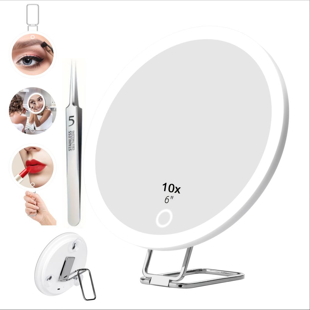 10X-30X LED Lighted Magnifying Makeup Mirror | 6-inch Compact Handheld Travel Mirror | Rechargeable & Hanging Pocket Mirror