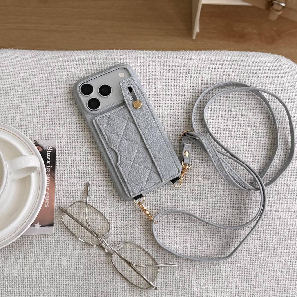 Crossbody Long Lanyard Quilted Leather Wristletband Cards Solt Phone Case for iPhone 17 Pro Max 16 15 14 13 12 Shockproof Cover