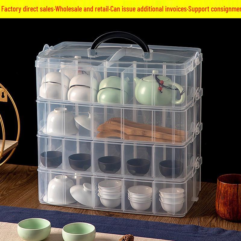 Stackable Multi-Layer Tea Set Storage Box with Handle - Dustproof and Portable for Cups and Coffee Table