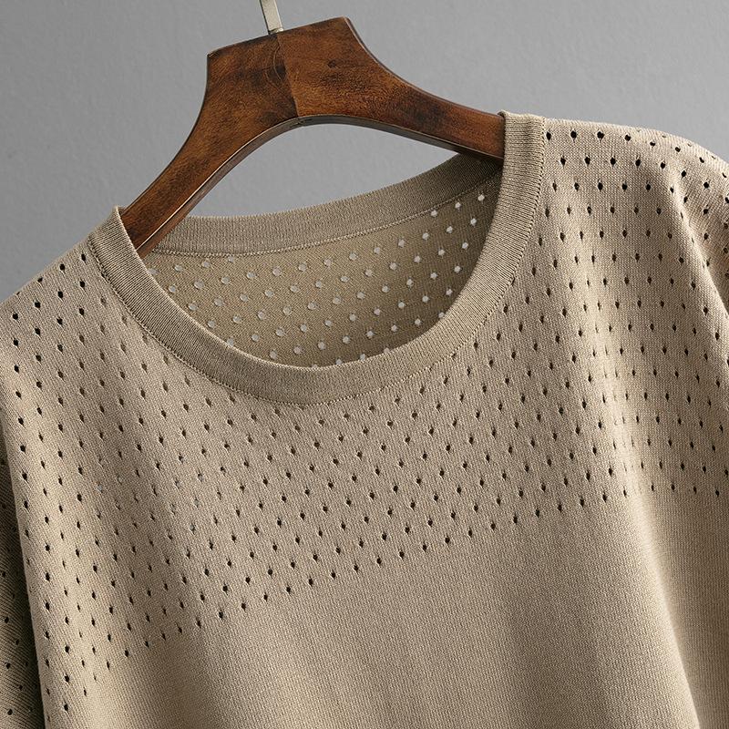 GMXIA Summer Hollowed-out Short-sleeved Knitted Top and Skirt Two-piece Women's Solid-color Casual Suit