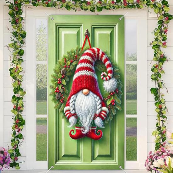 Christmas Door Cover Funny Santa Claus/Gnome/Snowman/Wreath Hanging Backdrop Door Banner 70" X 35" Winter Porch Sign for Home Yard Wall Decor