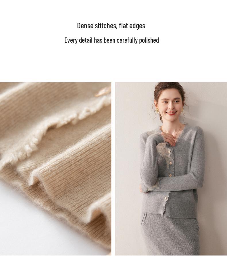 2025 A/W Women's V-neck Lace Cashmere Cardigan Sweater - Solid Color, Loose Fit