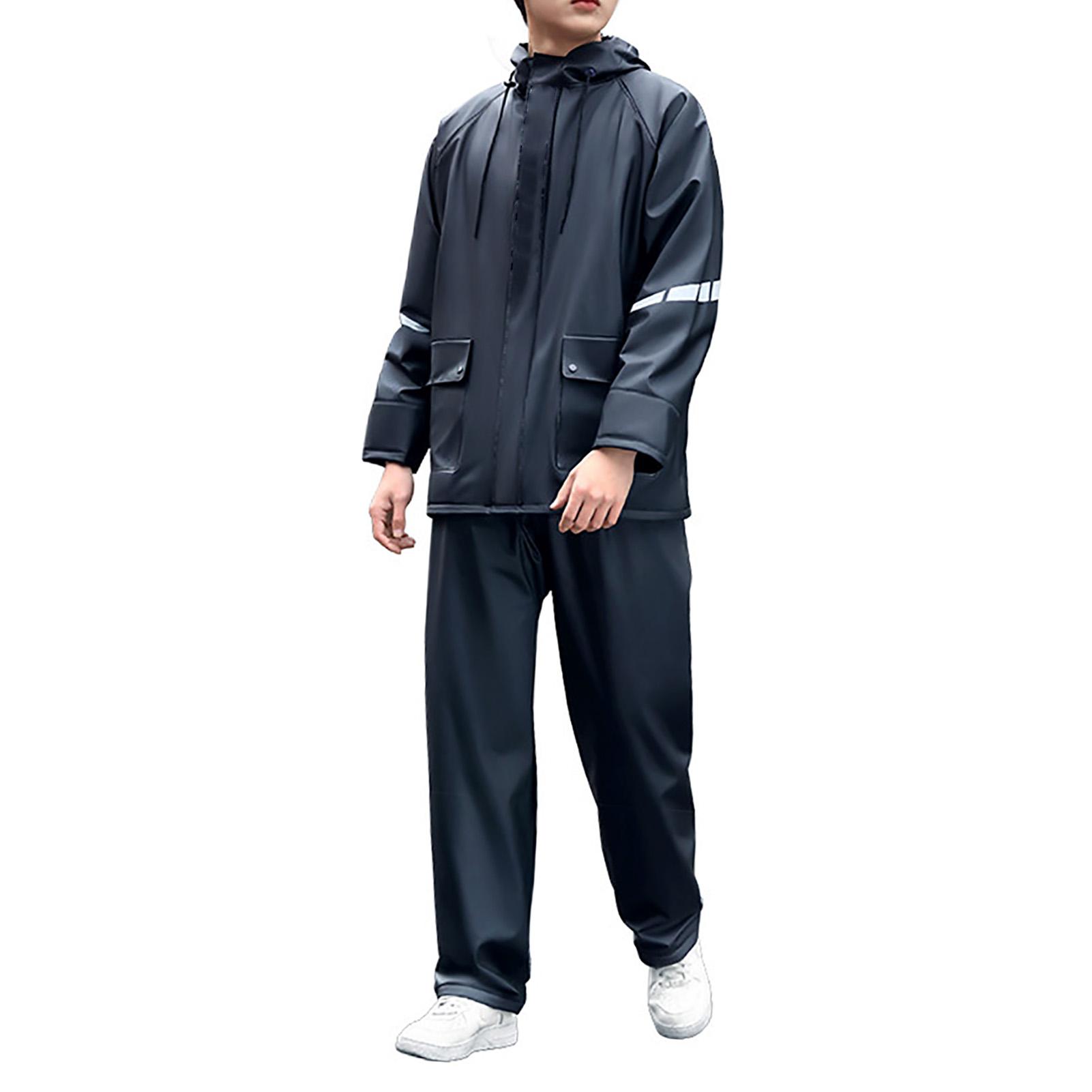 

2 Pieces Raincoat Suit with Hat Waterproof Reflective Strip Split Rain Jacket Pants Set for Men Black L