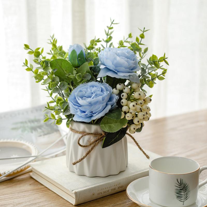 Artificial Flowers with Small Ceramic Vase Faux Roses Plants Eucalyptus Leaves Berries Flower Arrangements Decorations for Home