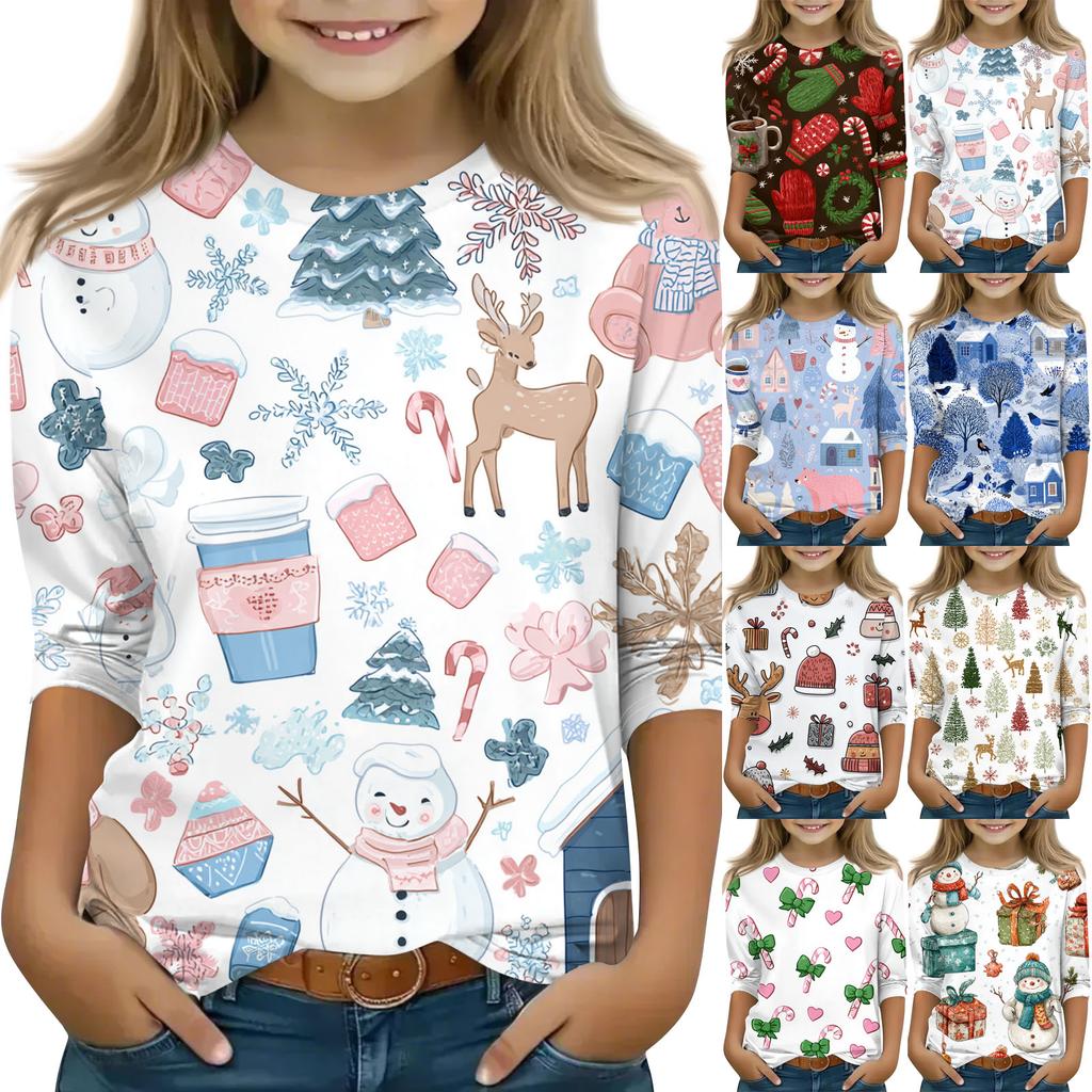 Children's 3/4 Sleeve Round Neck Top Christmas Tree Printed Everyday Casual Top