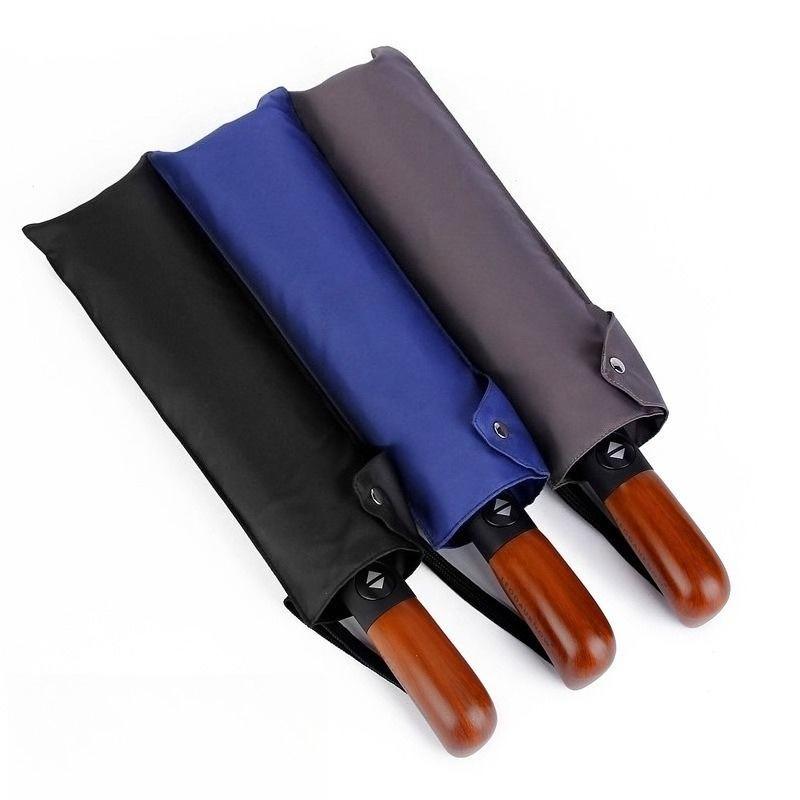 Fully Automatic Ten-rib Tri-fold Wooden Handle Umbrella Enlarged Windproof Rainproof Business Gift Advertising Umbrella