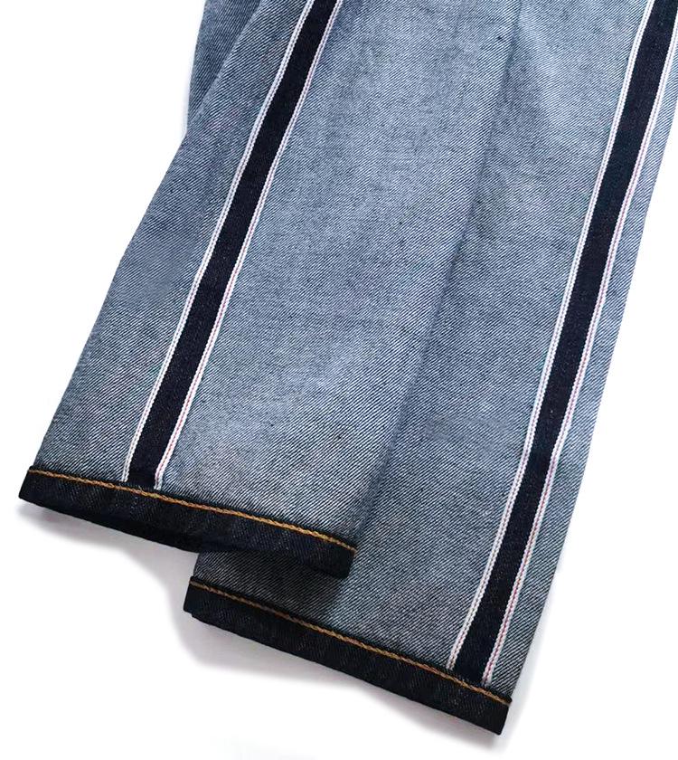 Okayama Selvedge Denim Jeans, Red Trim, Original Color, Dark Blue Cuffed Hem, Straight Leg, Slim Fit, Classic Retro Style.