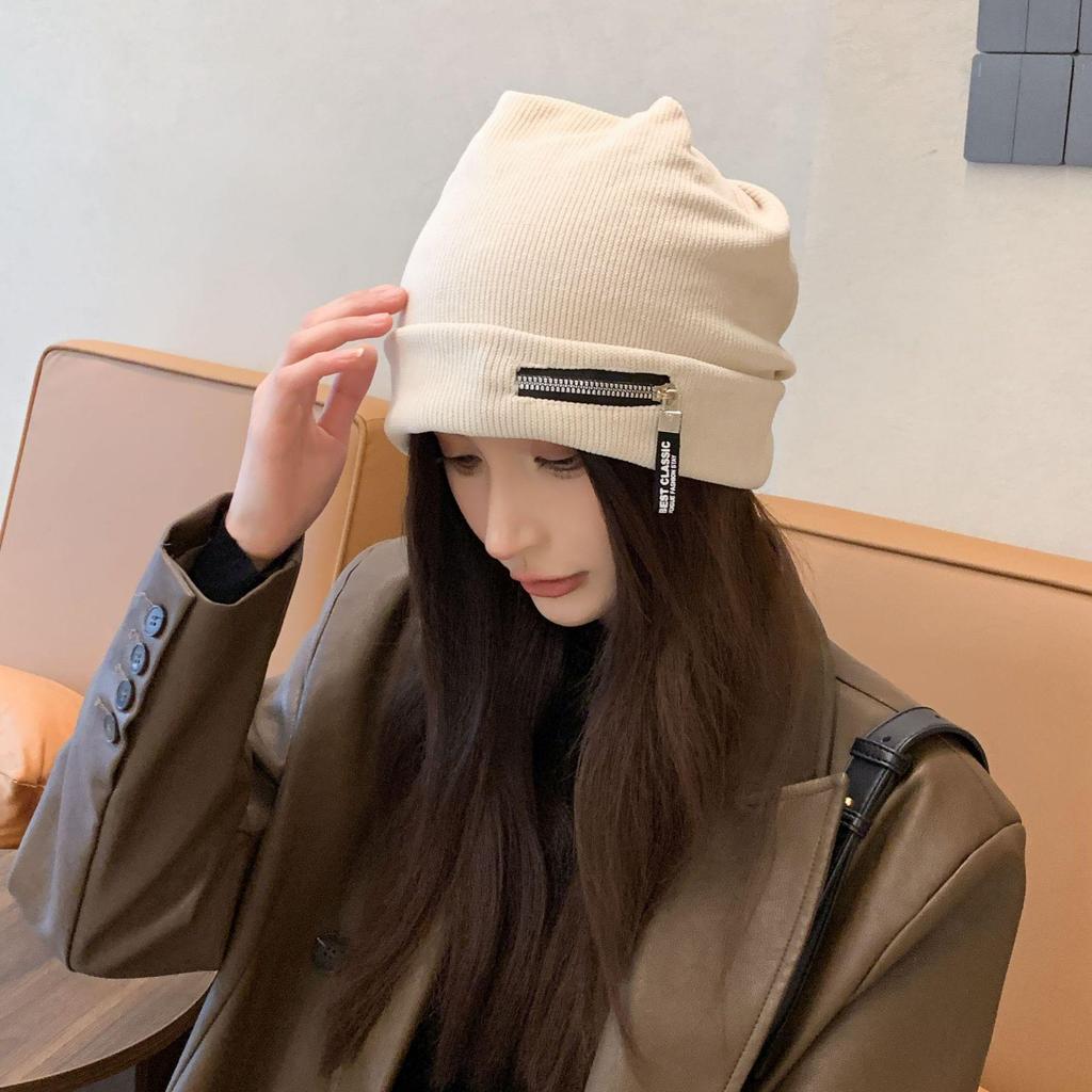 Personalisierte Reißverschluss-Beanie Damen Herbst und Winter neu Gesicht klein gestrickte Tasche Hut Kordel Kältehut Tide
